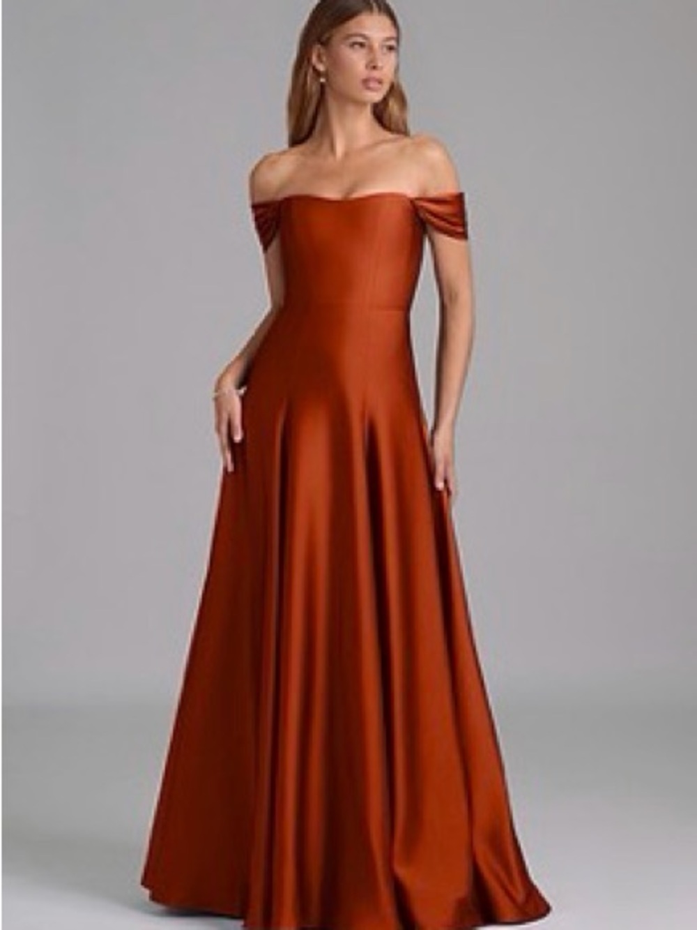 Azazie Rust Off-Shoulder Satin A-Line Gown